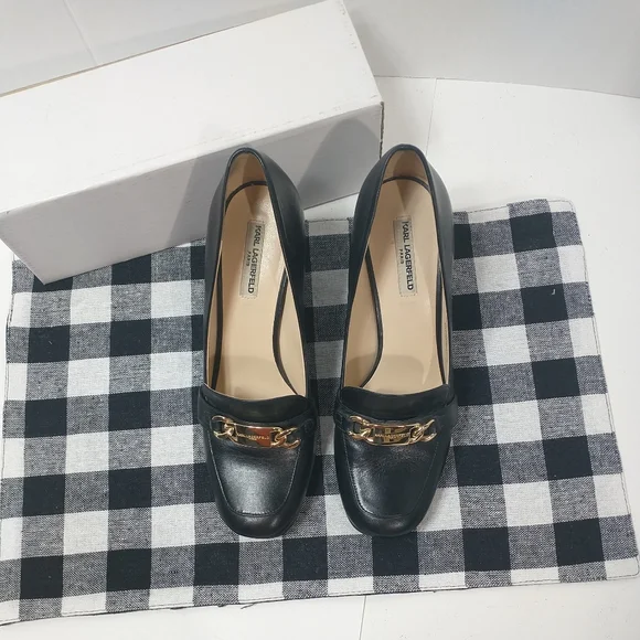 KARL LAGERFELD PARIS BLACK LEATHER KARI LOAFERS  3.5" HEEL size US 8M - Picture 5 of 8